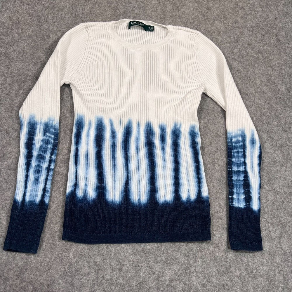 Lauren Ralph Lauren White Navy Blue Tie Dye Ribbed Knit Sweater Women's Size‎ PS